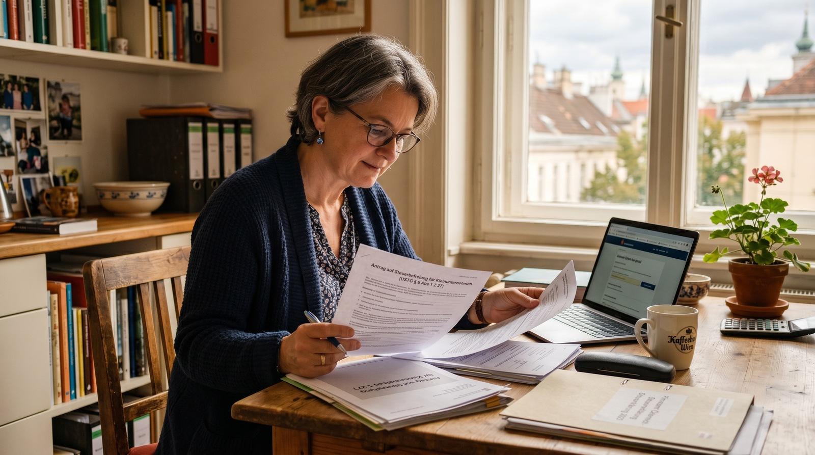 Rechtssymbol als Hinweis auf die Kleinunternehmerregelung in Österreich