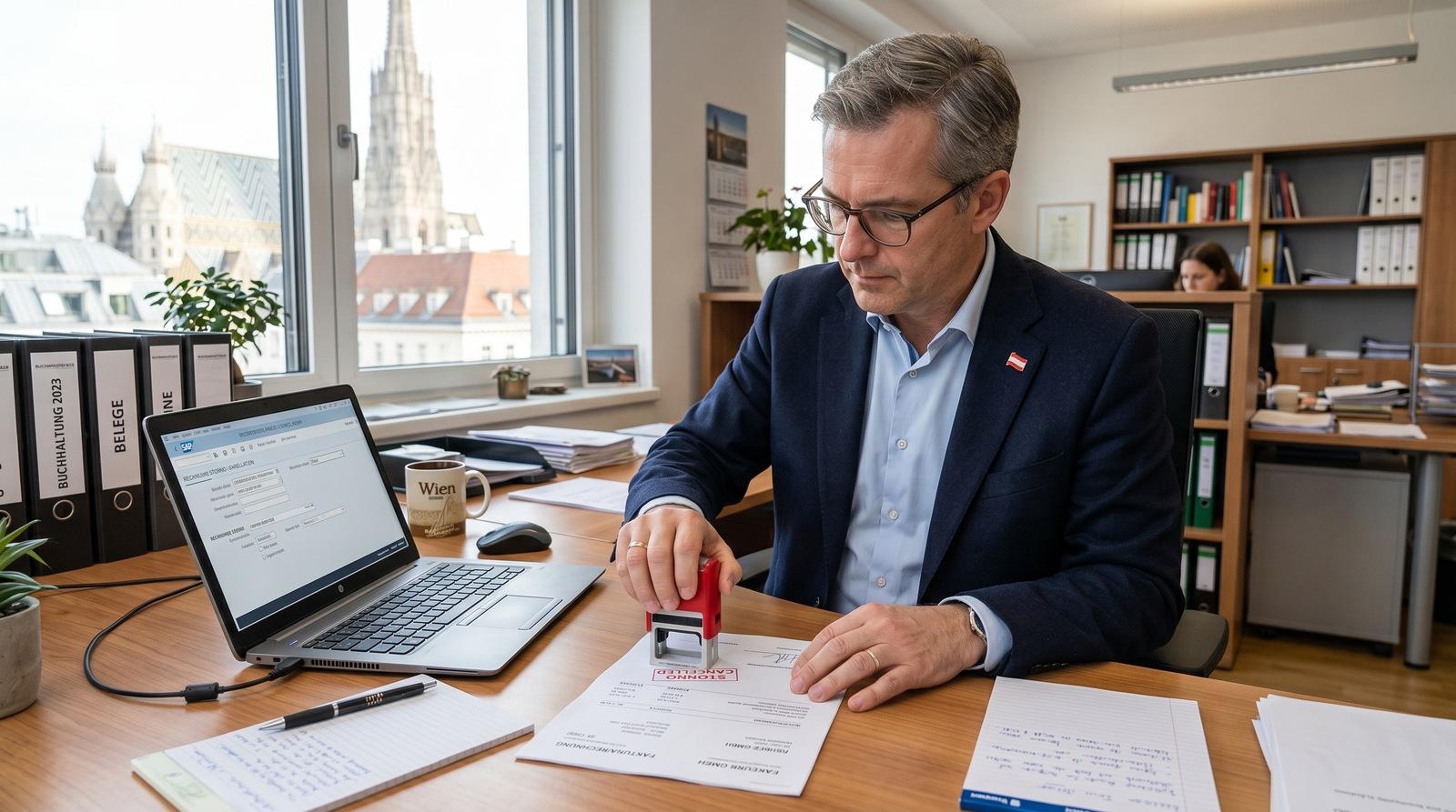 Gestapelte Dokumente als Symbol für Stornorechnung in Österreich